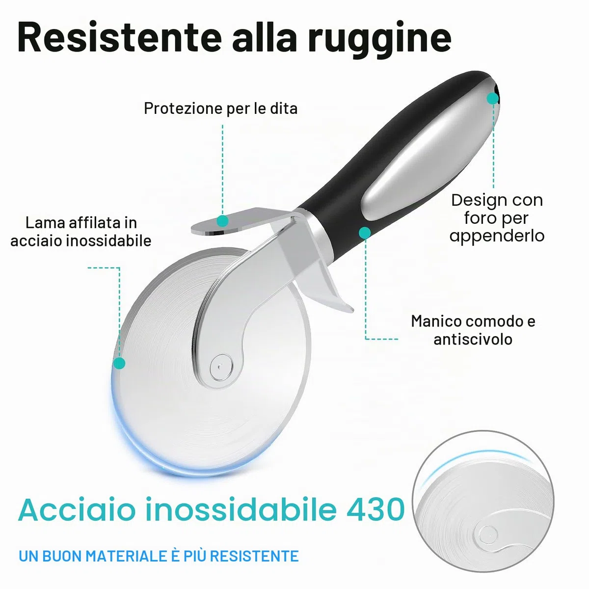 Rotella Taglia Pizza, Acciaio Inox Pizza Cutter, Rotella Tagliapizza è MoltoFacile da Pulire, Sicuro da Pulire in Lavastoviglie, Ergonomico, Antiscivolo Silicone il Manico