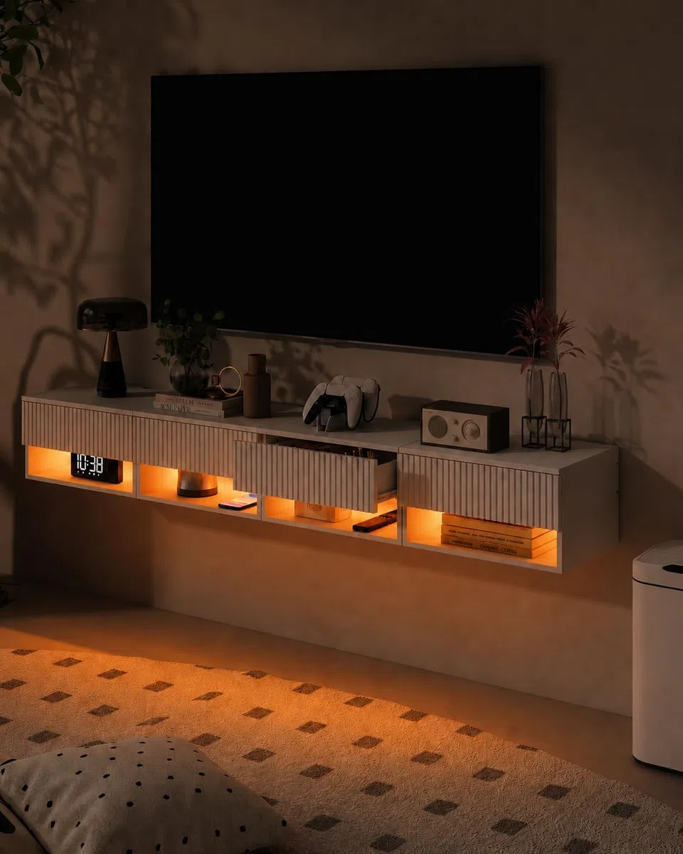 Set 2 Comodini Sospesi Bianchi Comodini da Parete con Cassetto e Vano Aperto Comodini Moderni per Camera da Letto Effetto RGB Decorativo 40 x 30 x 22,5 cm