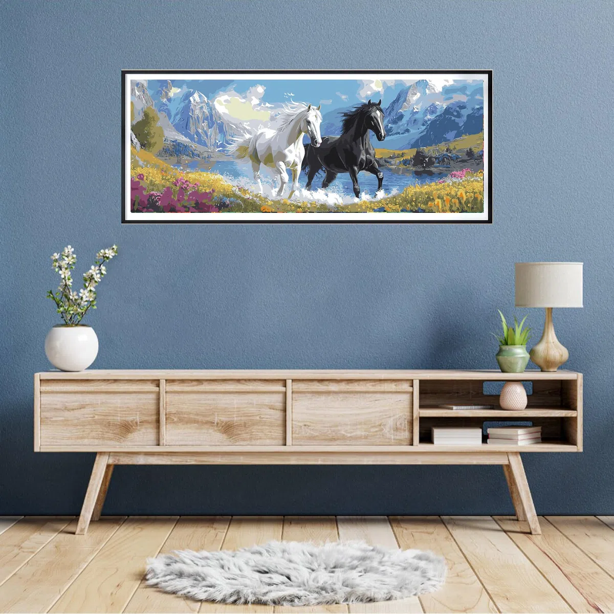 Reofrey Dipingere con i numeri, adulti, misura XXL, cavallo, fai da te, kit per pittura a olio con animali, tela 30 x 80 cm, con pennello e vernice acrilica (senza cornice), dipingere con i numeri