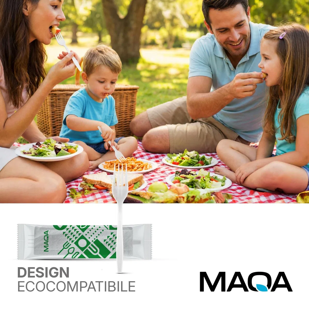 MAQA 100 Kit Forchetta Riutilizzabile in CPLA + Tovagliolo 2 Veli – Compostabili, Imbustati Singolarmente – Certificati per Uso Alimentare – Perfetti per Catering, Eventi, Uffici e Take Away