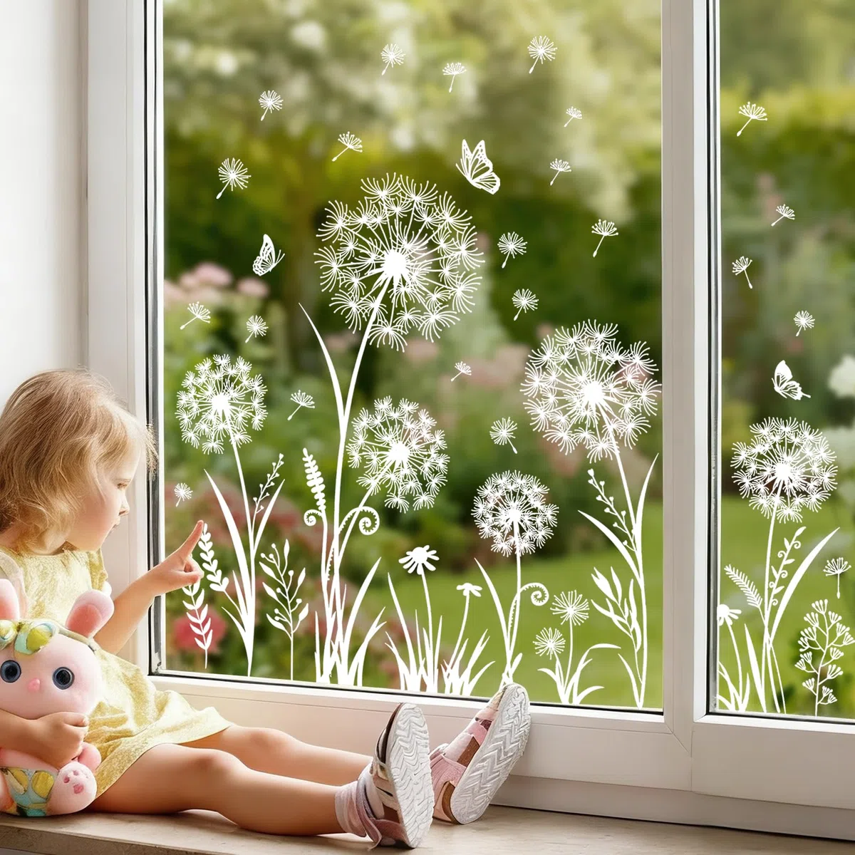 Supzone Bianco Adesivi Finestra Vetrofanie Dente di leone Farfalla Fiori Decorazioni Primavera e Estate, Decorazioni per Vetri Anti-Uccelli Adesivi Statici per Finestre