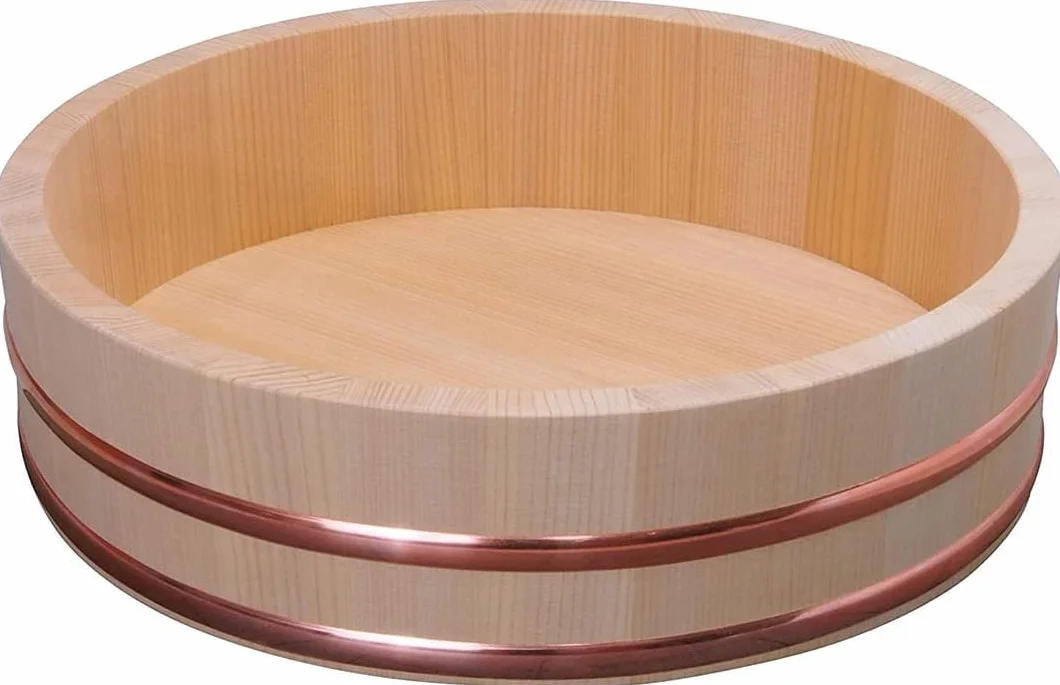 TIKUSAN Hangiri - Vasca per mescolare riso, in legno, con fascia in rame, realizzata in Giappone, per sushi e riso, 33 cm