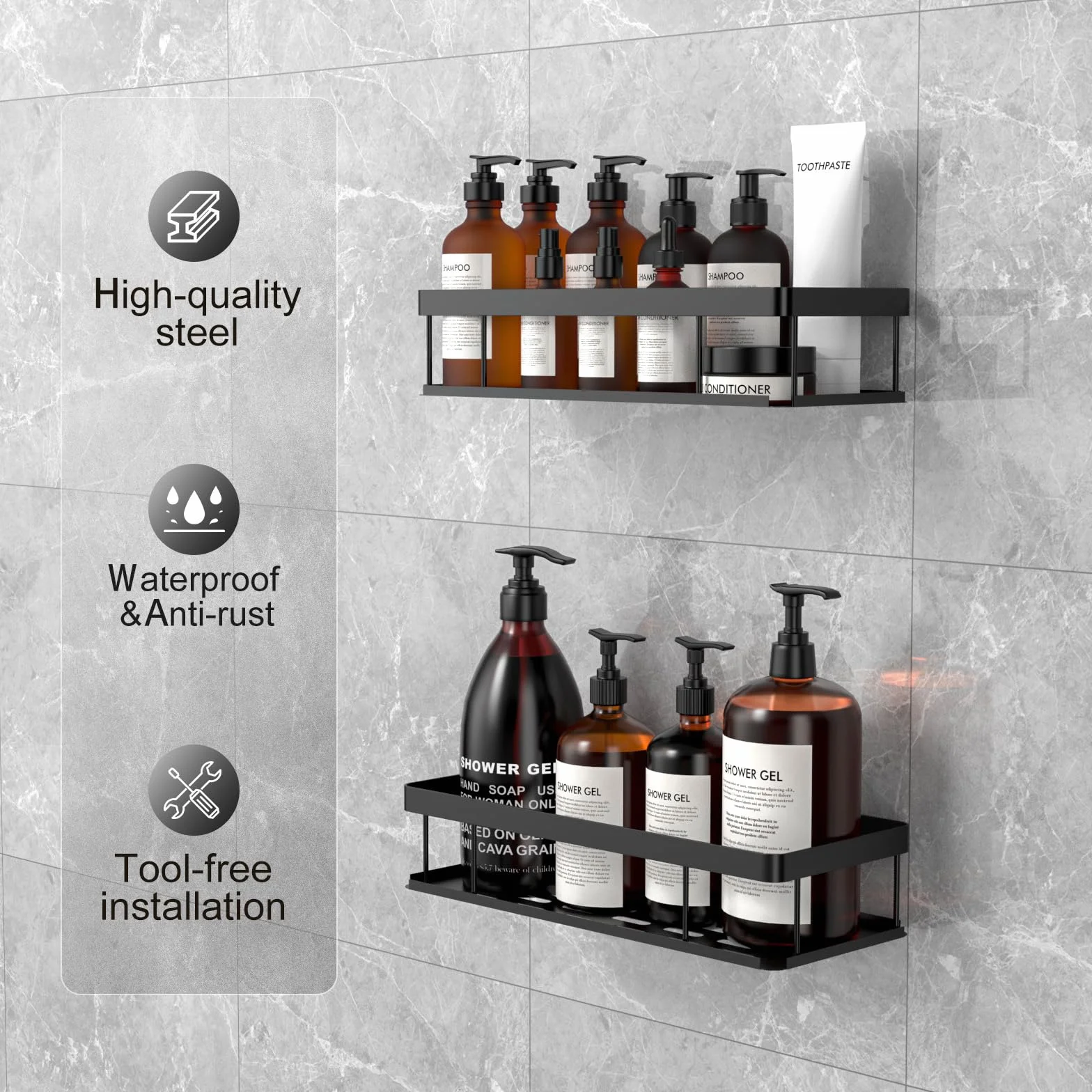Mensola Doccia Senza Foratura, Impermeabile e Antiruggine, Porta Bagnoschiuma Shampoo da Doccia, 2 Pezzi Organizer Doccia, Nero (Stile A-2)