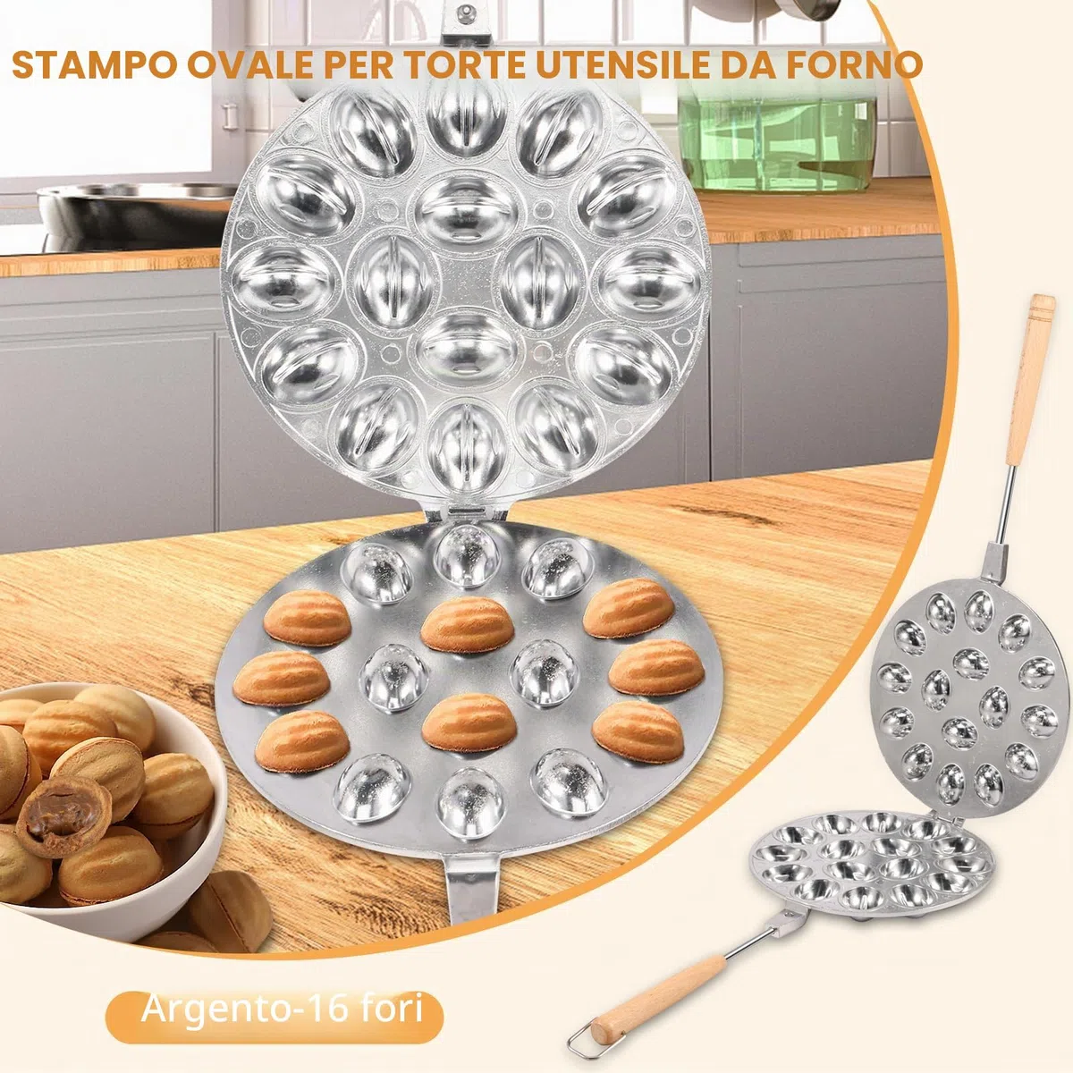 Stampo per Biscotti in Noce, 16 Fori, Manico in Legno Rimovibile, Rivestimento Antiaderente, Multifunzionale, Argento