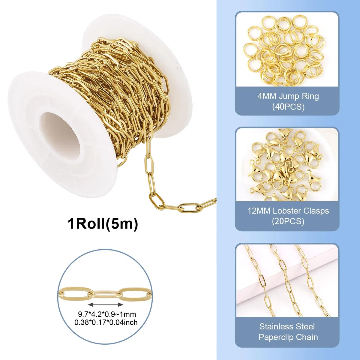 Catene a clip placcate in oro 18 carati, 5 m, in acciaio inox, con maglie ovali, con chiusura a moschettone, anelli di salto, per artigianato, bracciali, collane, portachiavi da donna