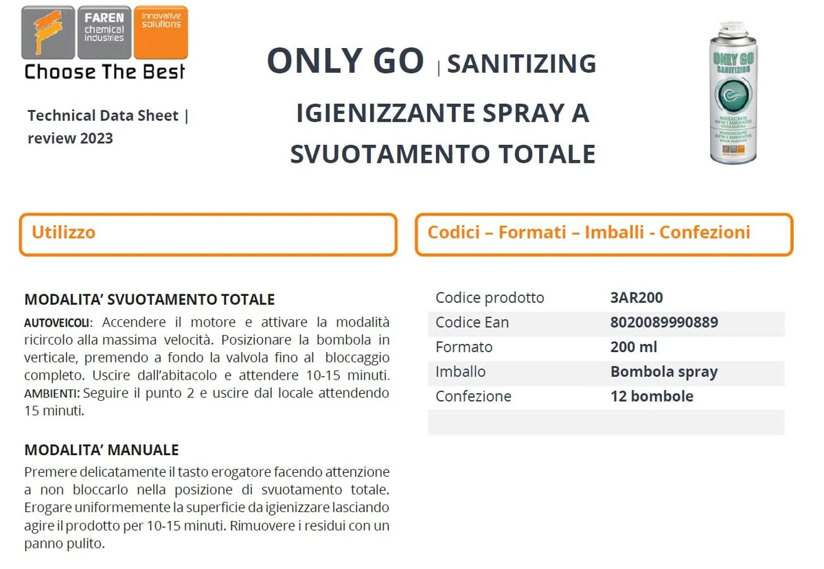 Faren ONLY GO, Igienizzante Auto e Ambienti Spray, purifica e deo rinfresca l'aria in piccoli ambienti, 200ml (3pz)