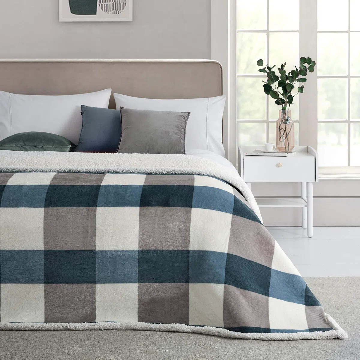 PU MEI Coperta in pile Sherpa, reversibile, soffice, soffice, in flanella, per divano letto, 150 x 200 cm, colore: grigio-blu