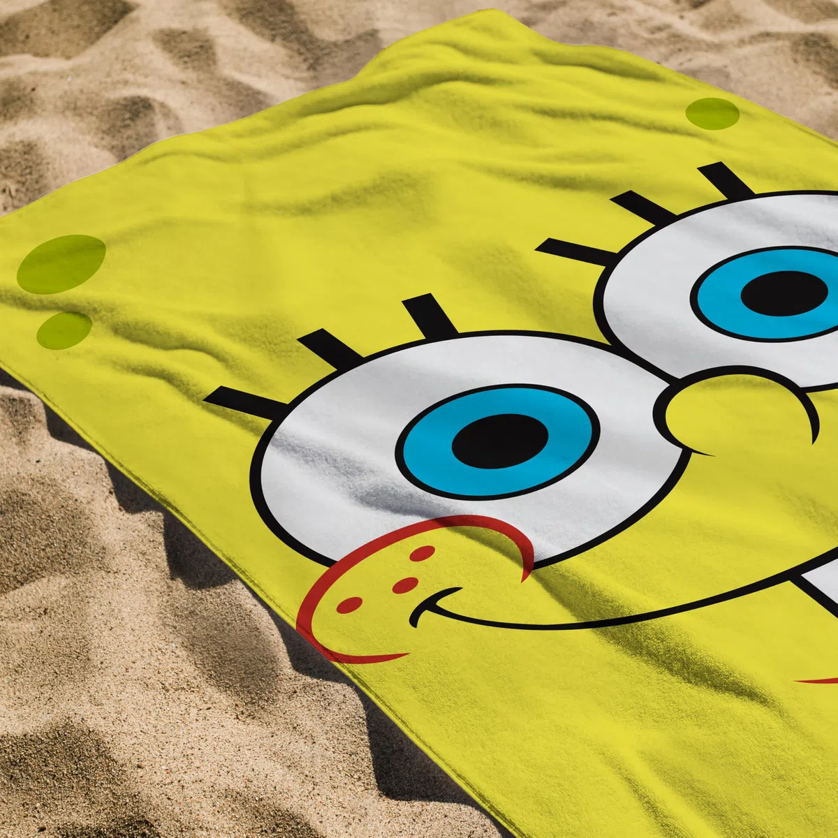 Spongebob Asciugamano Bambini Ufficiale | Morbidezza ultra morbida | Design quadrato con Spongebob, Patrick, Squidward, Mr Krabs | Perfetto per casa, bagno, spiaggia e piscina | 70 x 140 cm