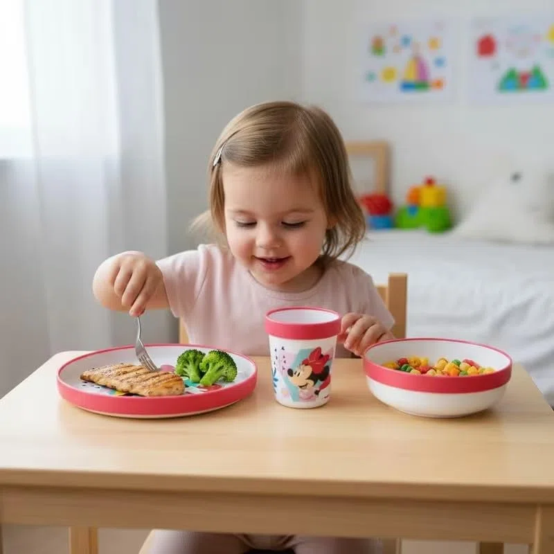 Set di stoviglie riutilizzabile per bambini bicolore – Set composto da 3 pezzi: Piatto, ciotola e bicchiere per bambini e bebé con base antiscivolo – Senza BPA - MINNIE MOUSE TOPOLINA