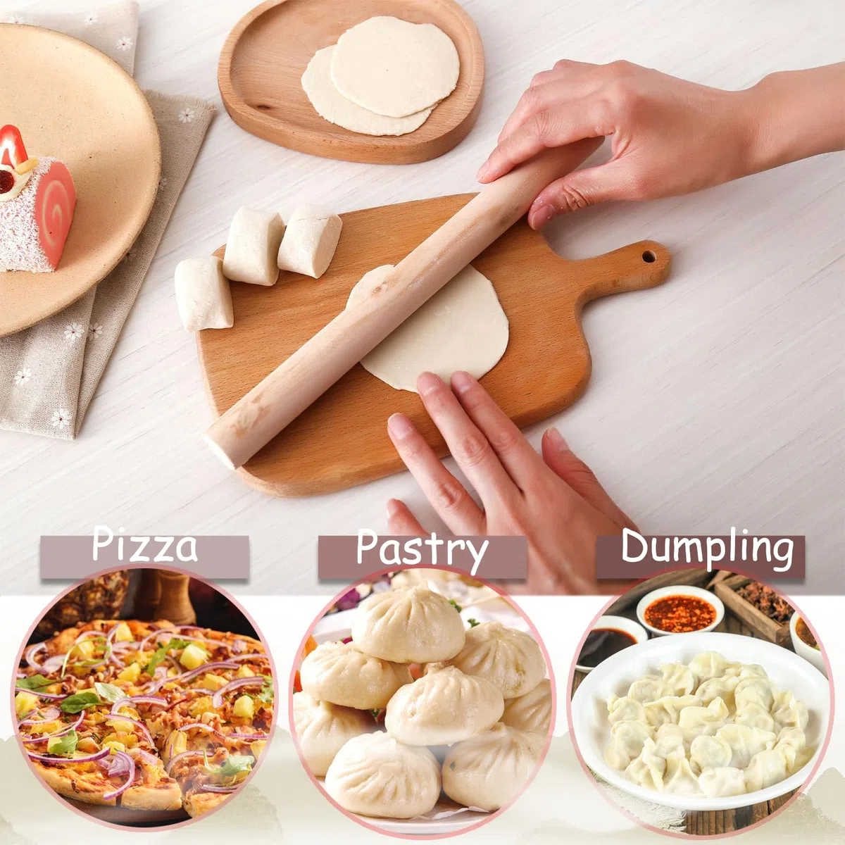 Mattarello in legno di faggio, 5 pezzi, per pizza, pasta, pane (marrone)