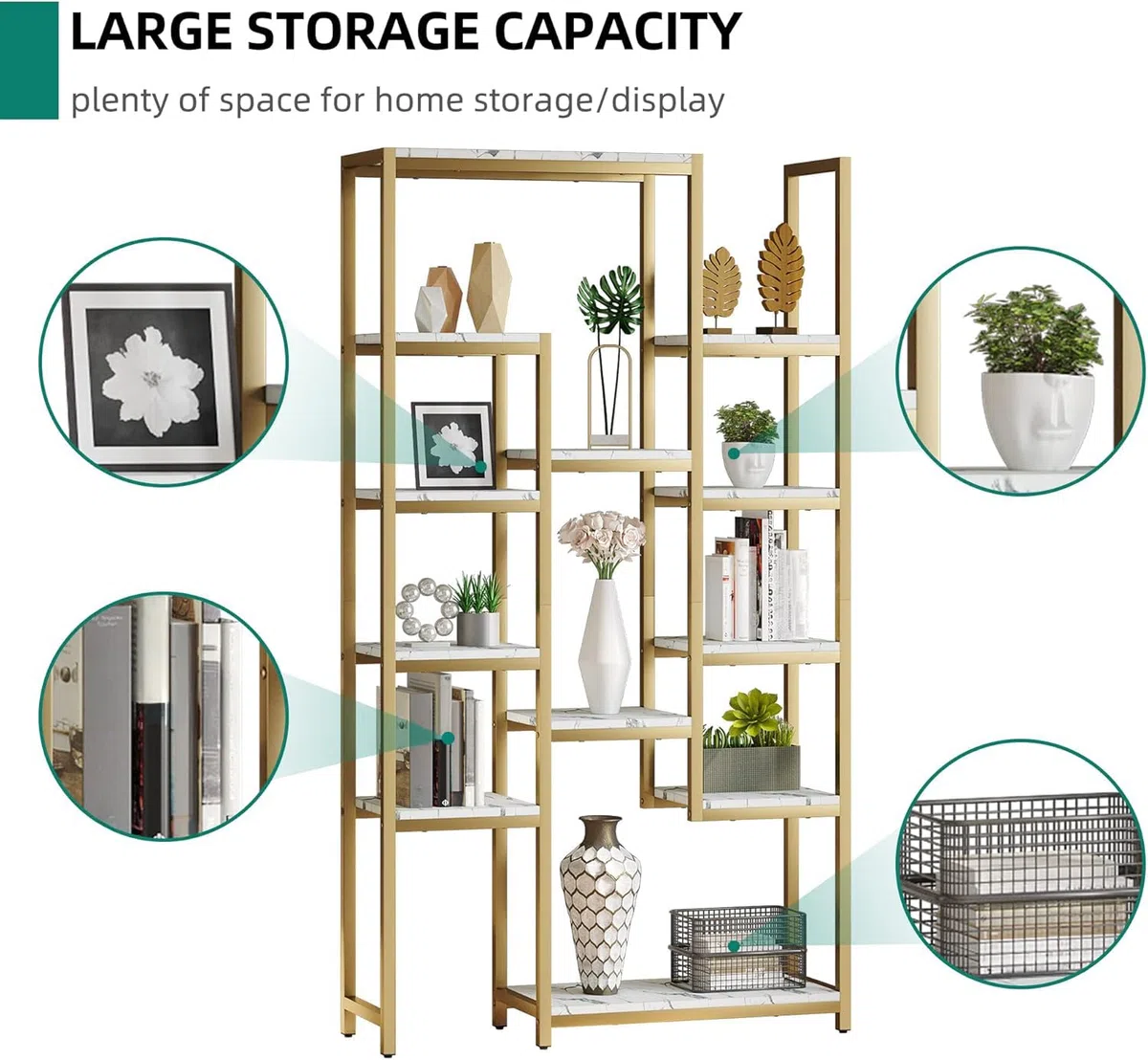 YITAHOME Scaffale dorato a 6 livelli, scaffale moderno da 71 pollici di altezza con ripiano a 12 ripiani, ripiano in marmo sintetico aperto per soggiorno, camera da letto,
