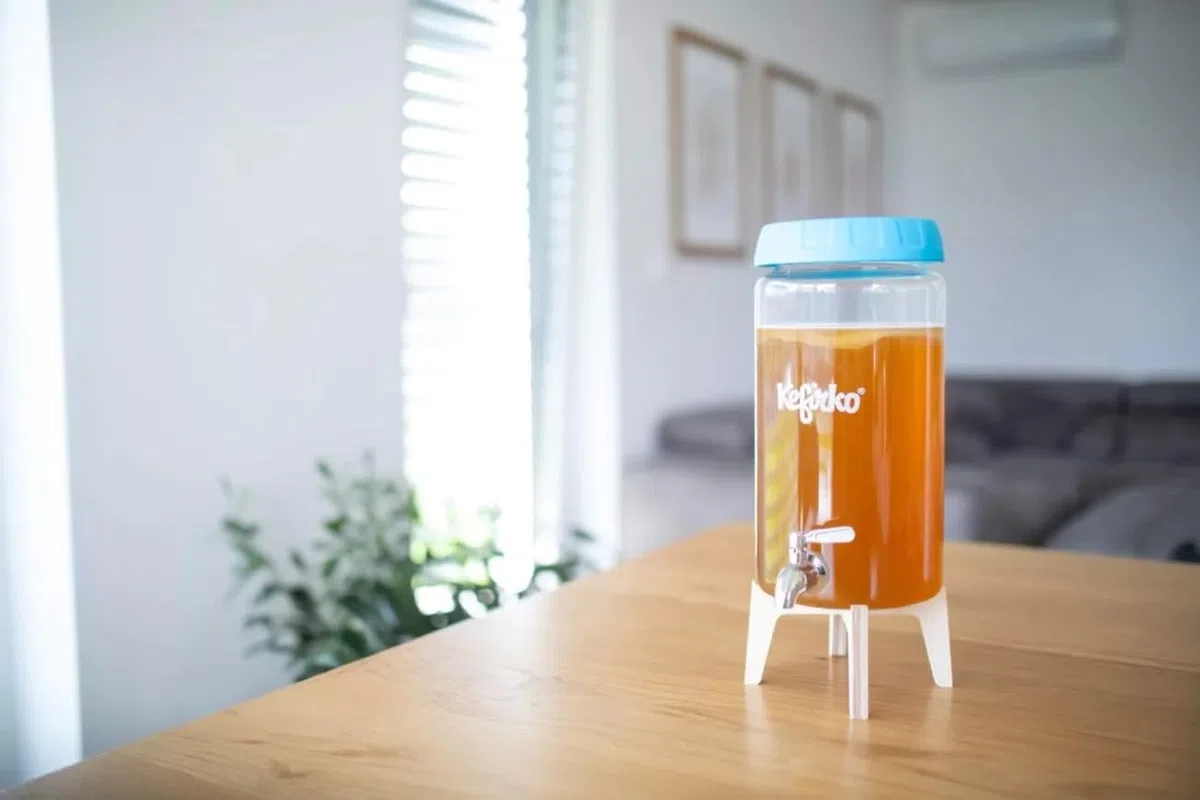 Kefirko Kombucha - Kit di Fermentazione | Barattolo di Vetro per Birra Casalinga, Coperchio, Filtri, Orologio per Fermentazione e Libro di Ricette, 4 Litri (Blu)