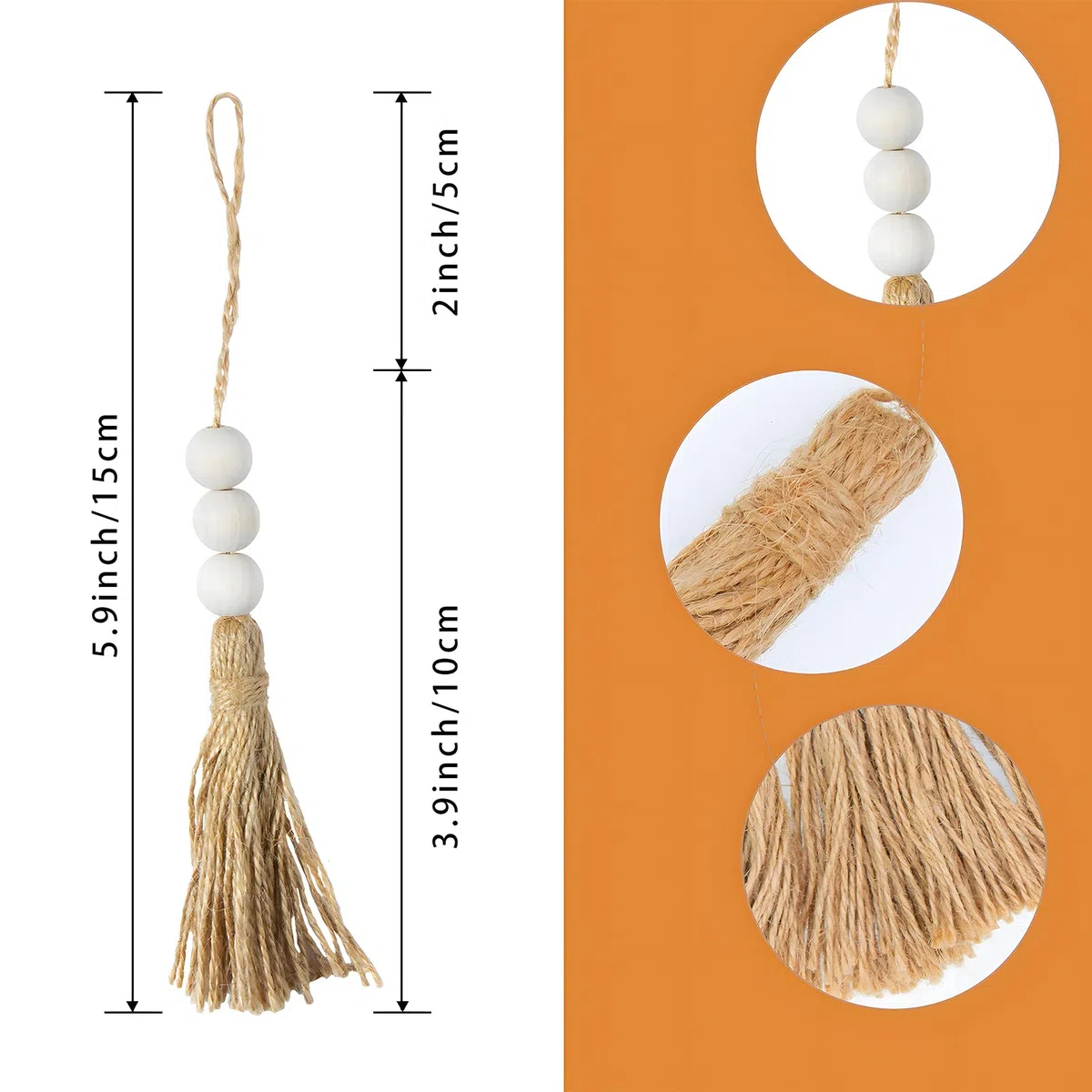 VAPKER 20 nappe di perline di legno naturale in iuta naturale, nappe in corda di canapa, 3 perline di legno per decorazioni e feste fai da te