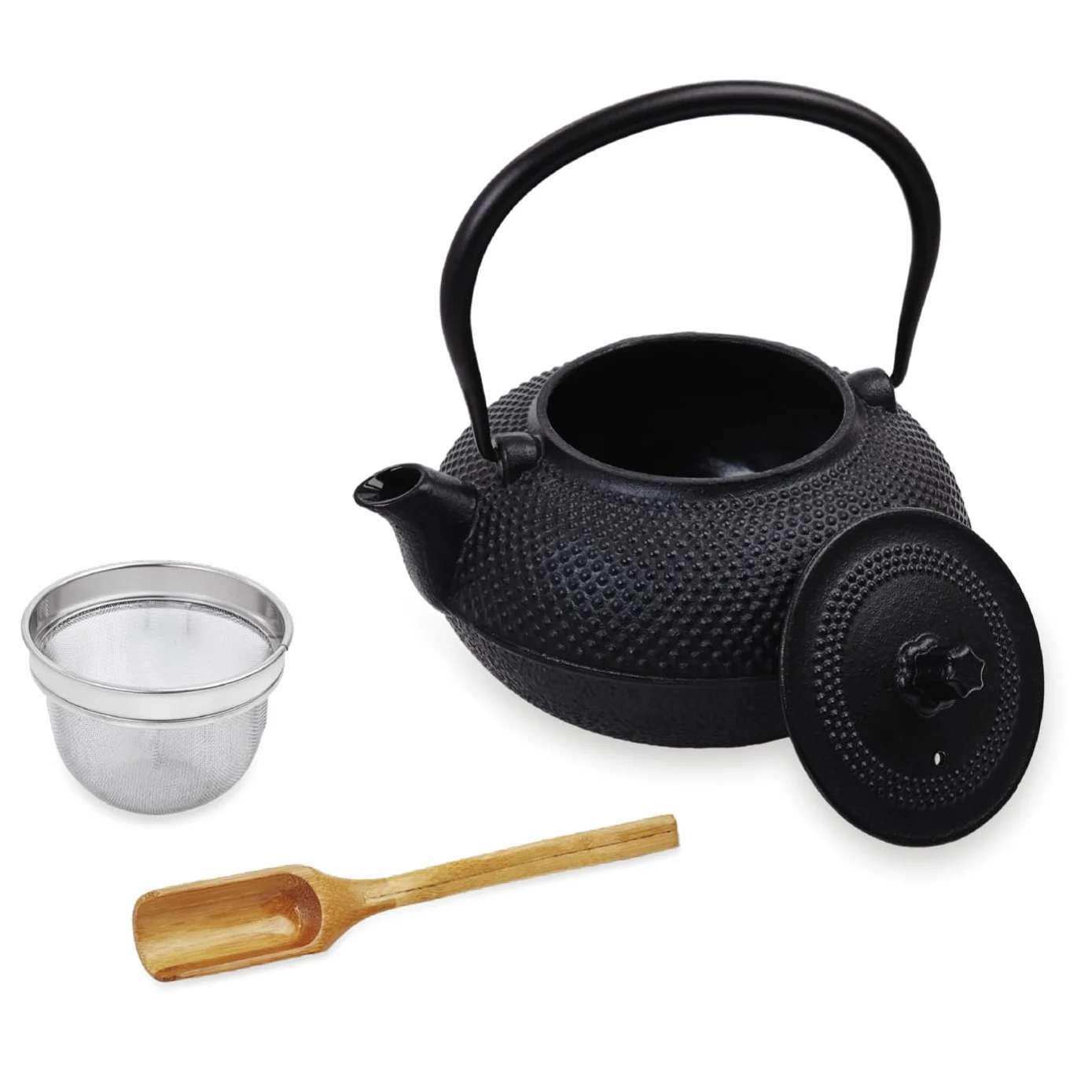 Lumaland Set da tè in ghisa da 1,4 litri, teiera, fornelletto, cucchiaio dosatore, colino, tazza da tè e sottobicchiere