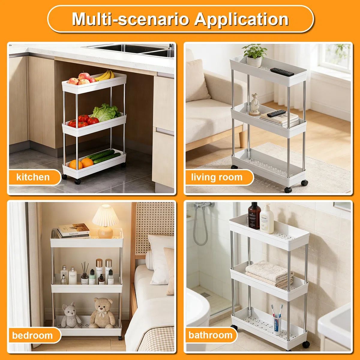 Carrellino con Ruote Portatutto a 3 Ripiani, Carrello Cucina e Mobiletto Bagno Salvaspazio, Scaffale Mobile per Casa, Ufficio e Lavanderia, in Plastica e Acciaio, Bianco