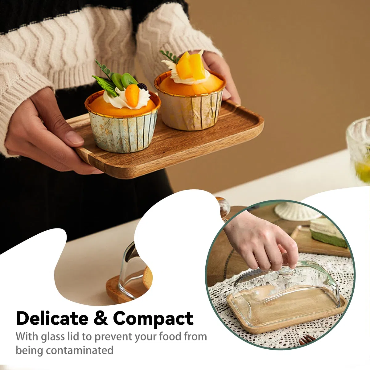 Alzata rettangolare in legno con cupola in vetro, grande mini supporto per torte con campana in vetro trasparente, vassoio per torte, per cucina, feste di compleanno, matrimoni, CAKE-FANG01