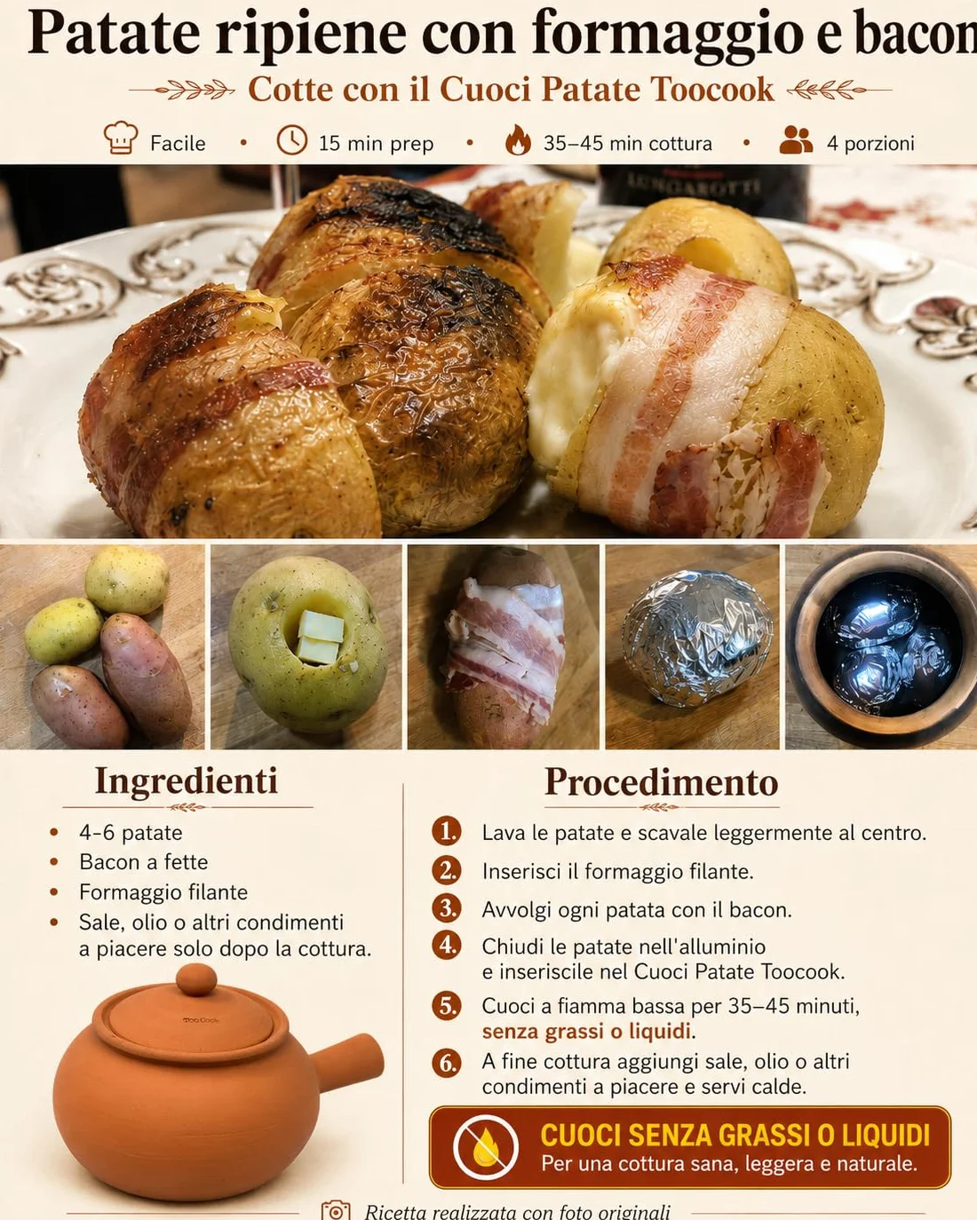 Toocook Cuoci Patate e Castagne in Terracotta Cucina Semplice Naturale No Grassi e senza alterare le proprietà del cibo Made in Italy 100%