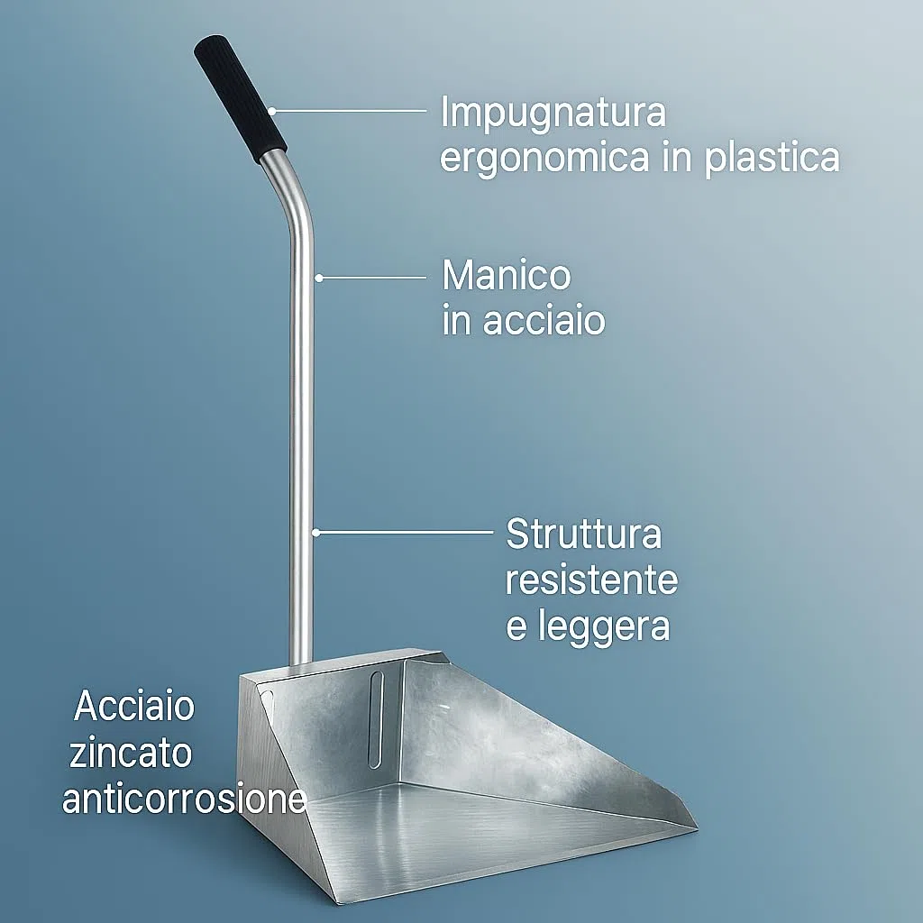 Paletta alza immondizia in acciaio zincato con manico lungo e impugnatura in plastica – 34x25x76 cm