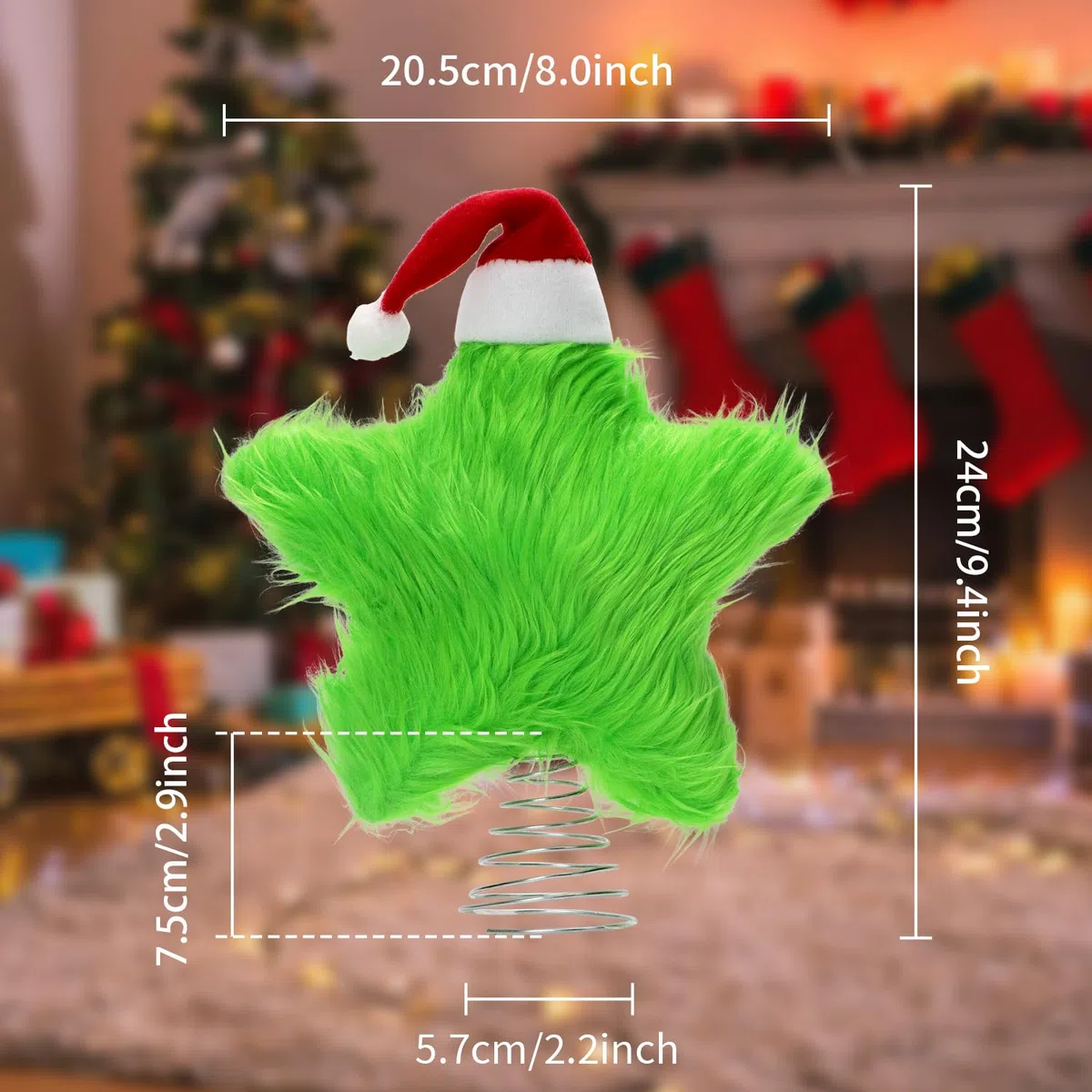 Puntale per albero di Natale in peluche, 19 cm, con mini cappello di Natale, verde