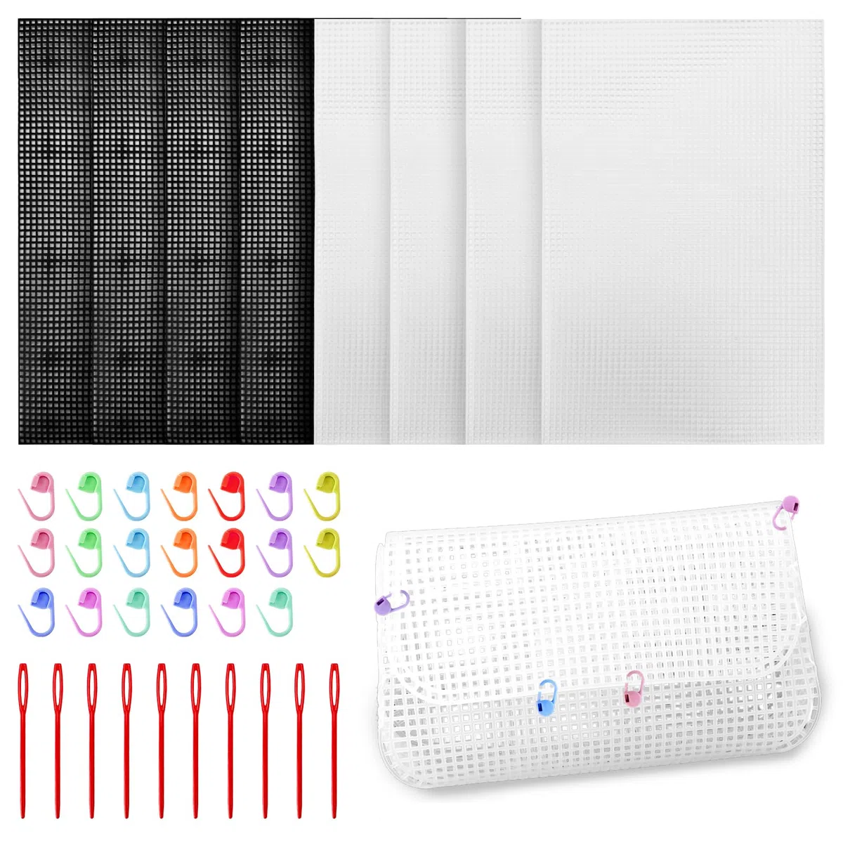 Fogli di Rete di Plastica 8 Pezzi per Borse Uncinetto - Mesh Plastic Canvas 6CT 2.5mm per Ricamo e Maglia - 30 * 20cm (Bianco, Nero)