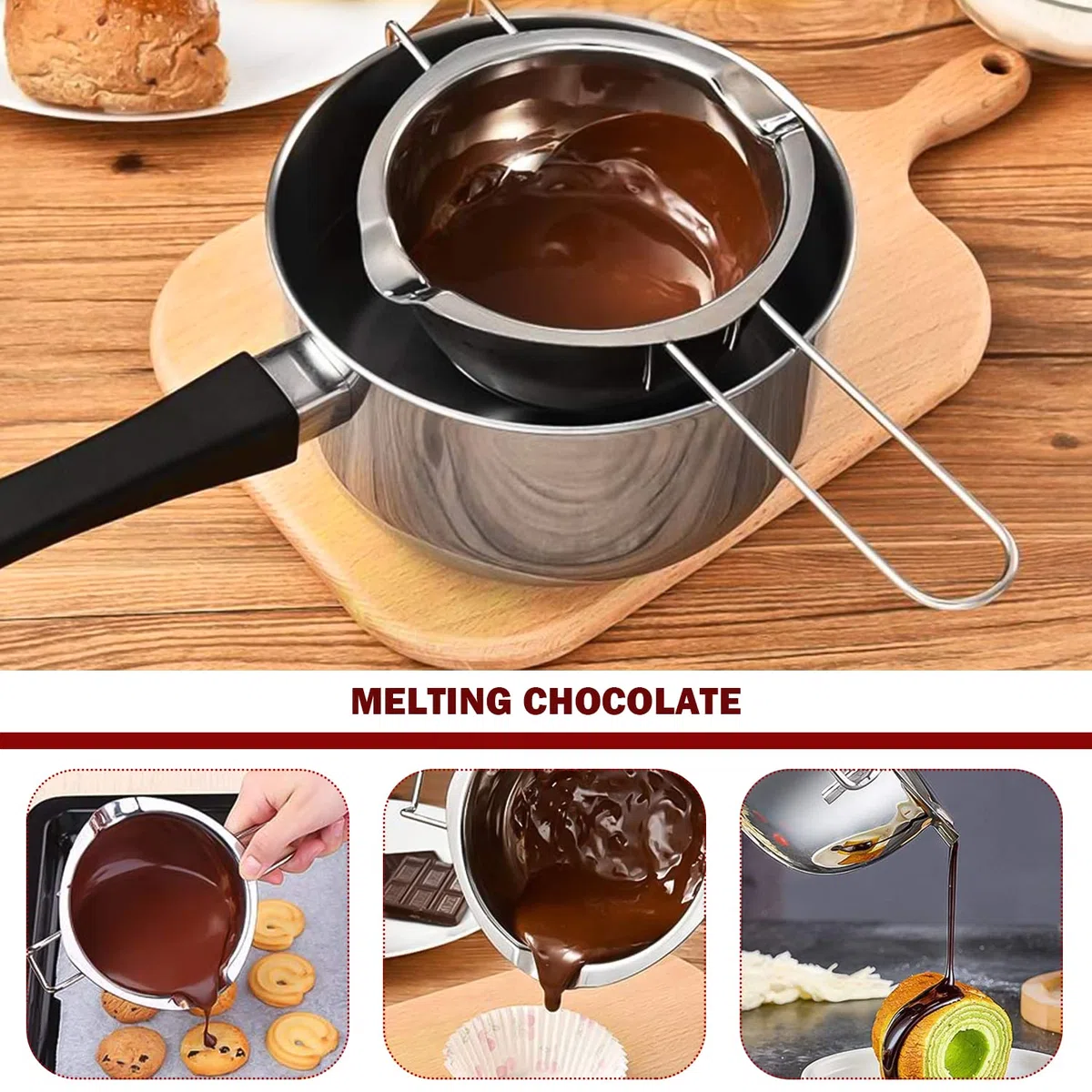 GMMG Pentolino per Cottura Bagnomaria 400 ml Acciaio Inox 304 Pentola per Bagnomaria con Spatole in Silicone per Sciogliere Cioccolato