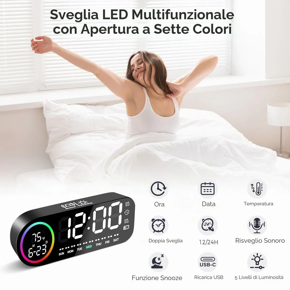 Vinabo Sveglia digitale con luce notturna a 7 colori, 4 livelli di luminosità, ampio display a LED della temperatura, controllo vocale, 12/24 ore, porta USB, snooze, memoria di spegnimento (Nero)