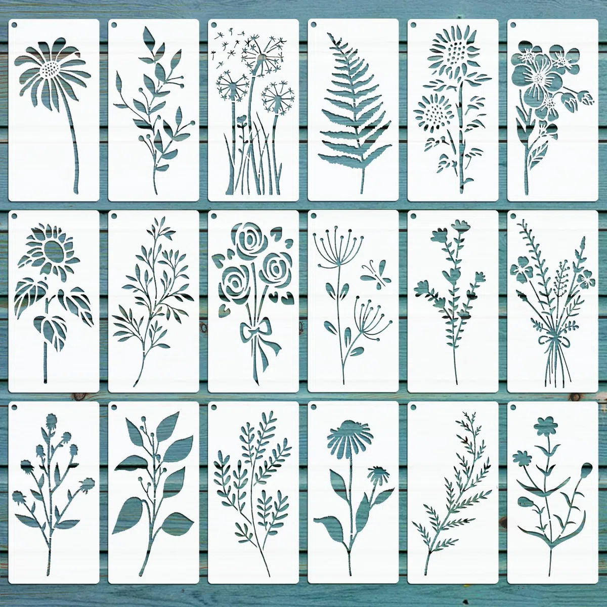 18 Pezzi Stencil Foglie per Pittura, 10x20cm Art Modello di Fiore da Muro da Pitturare, Stencils Diseños Riutilizzabile per Mobili Legno Tessuti Decor