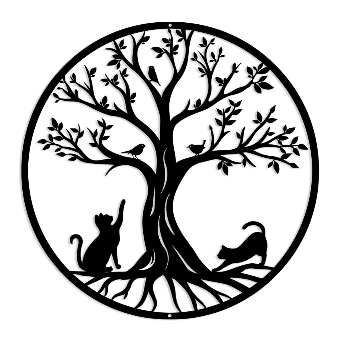 Pduoduo Decorazione da parete in metallo nero con albero della vita (con gatto e uccello), idea regalo, decorazione per interni ed esterni, giardino, casa (50 cm)