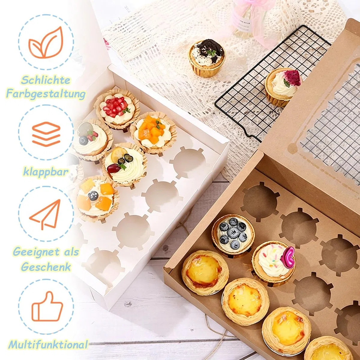 Scatola per il Trasporto di Cupcake, 10 pezzi Scatola per Cupcake 12 Fori, Scatole per Cupcake con Finestra e Inserti, Riutilizzabile Scatole Bianche con Finestra Trasparente Ondulata