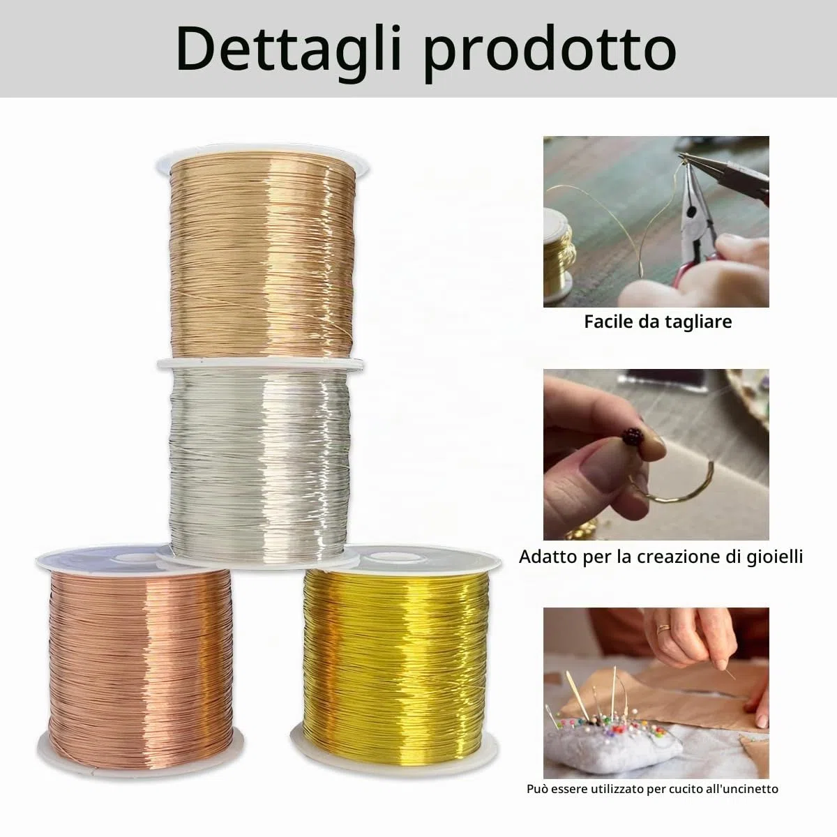 4 Rotoli Filo Metallico per Bigiotteria 0.3mm X 100M, Filo di Rame per Gioielli,Oro/Argento/Oro rosa/Rame,Fili Metallici per Uncinetto Metallico,Bracciali,Anelli,Orecchini,Artigianato Fai Da Te
