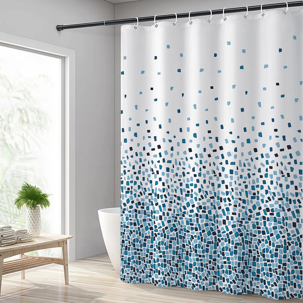 Tenda Doccia 180x200cm, Tenda per Doccia Impermeabile Polyester Lavabile con 12 Anelli, Orlo Ponderato, Blu Mosaico
