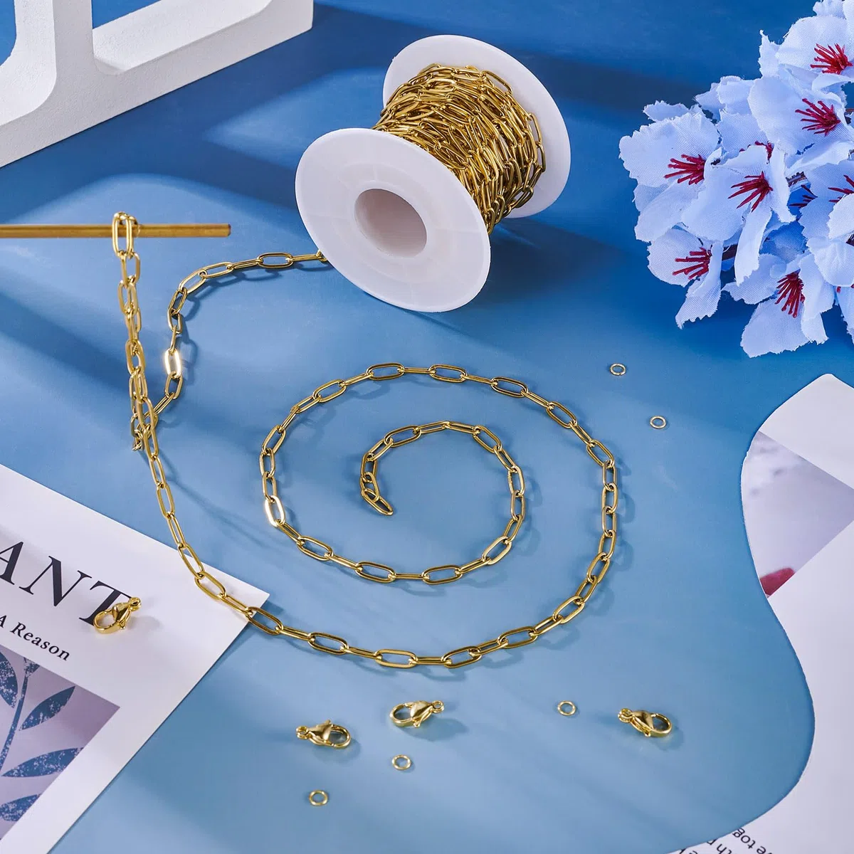 Catene a clip placcate in oro 18 carati, 5 m, in acciaio inox, con maglie ovali, con chiusura a moschettone, anelli di salto, per artigianato, bracciali, collane, portachiavi da donna