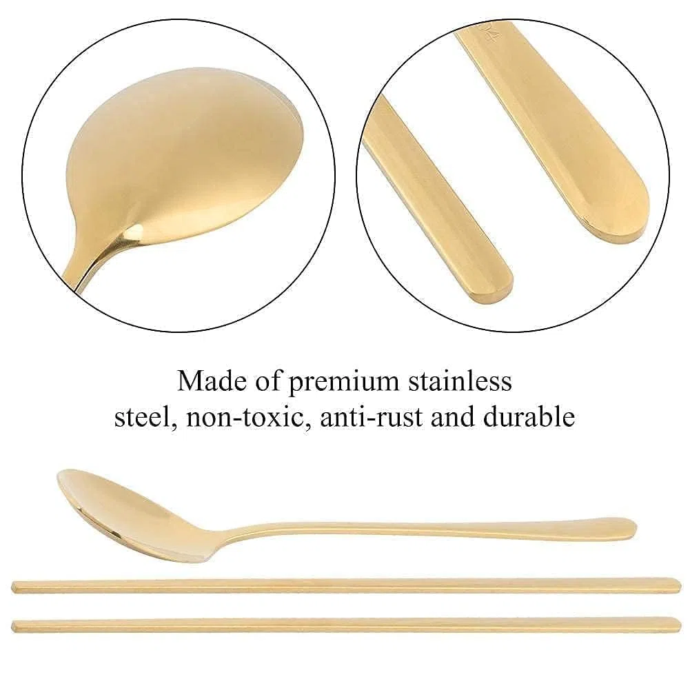 Set di Bacchette Coreane e Cucchiai Piatti in Acciaio INOX - Riutilizzabili in Metallo Con Manico Lungo - Set Oro Portatile per Cucina