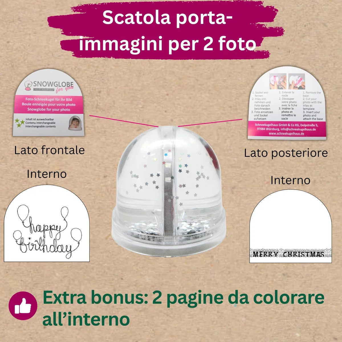 Globo di neve grande | contenuto argento stelle | con 2 x immagini | base trasparente | sfera di neve glitter | larghezza 9 cm altezza 8 cm 2 pagine da colorare | cornice regalo foto | 50011