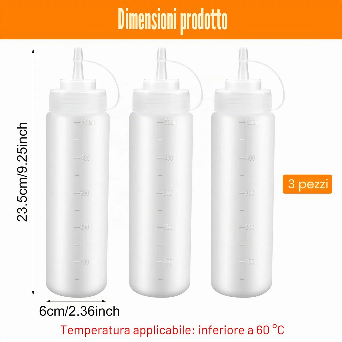 3 Pezzi Bottiglia Squeeze di Plastica,500ml Biberon Cucina,Trasparente Condimento Dispenser,a Prova di Perdite e Senza BPA,Contenitore Oliera Plastica,Bottiglia per Squeeze con Tappi per Ketchup,Salse