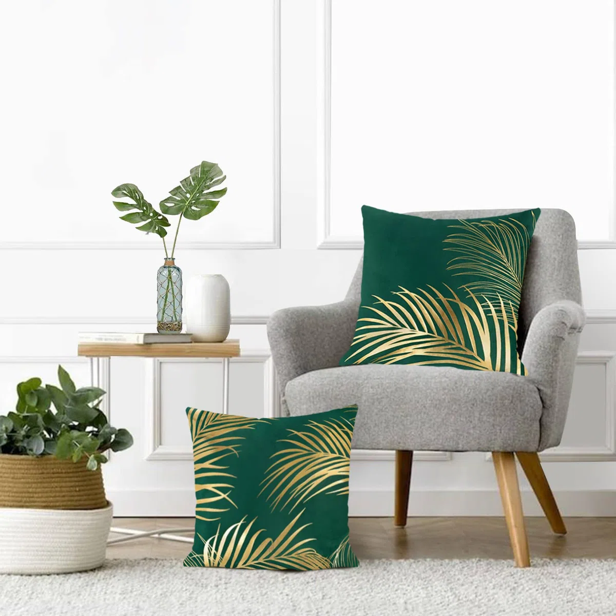 Bonhause Federe per Cuscini Foglie d'oro 40 x 40 cm Copricuscini Decorativi Stampa d'oro Foglie Velluto Morbido Verde Federa per Cuscino Divano Letto Casa Decorazione Set di 2