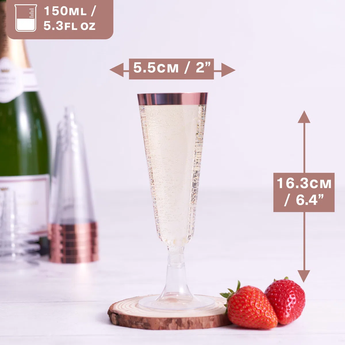 Matana - 24 Eleganti Flûte in Plastica con Bordo Oro Rosa, 150ml - Flûte per Champagne, Calici in Plastica Rosa, Bicchieri per Spumante per Matrimoni, Addio al Nubilato - Resistenti e Riutilizzabili