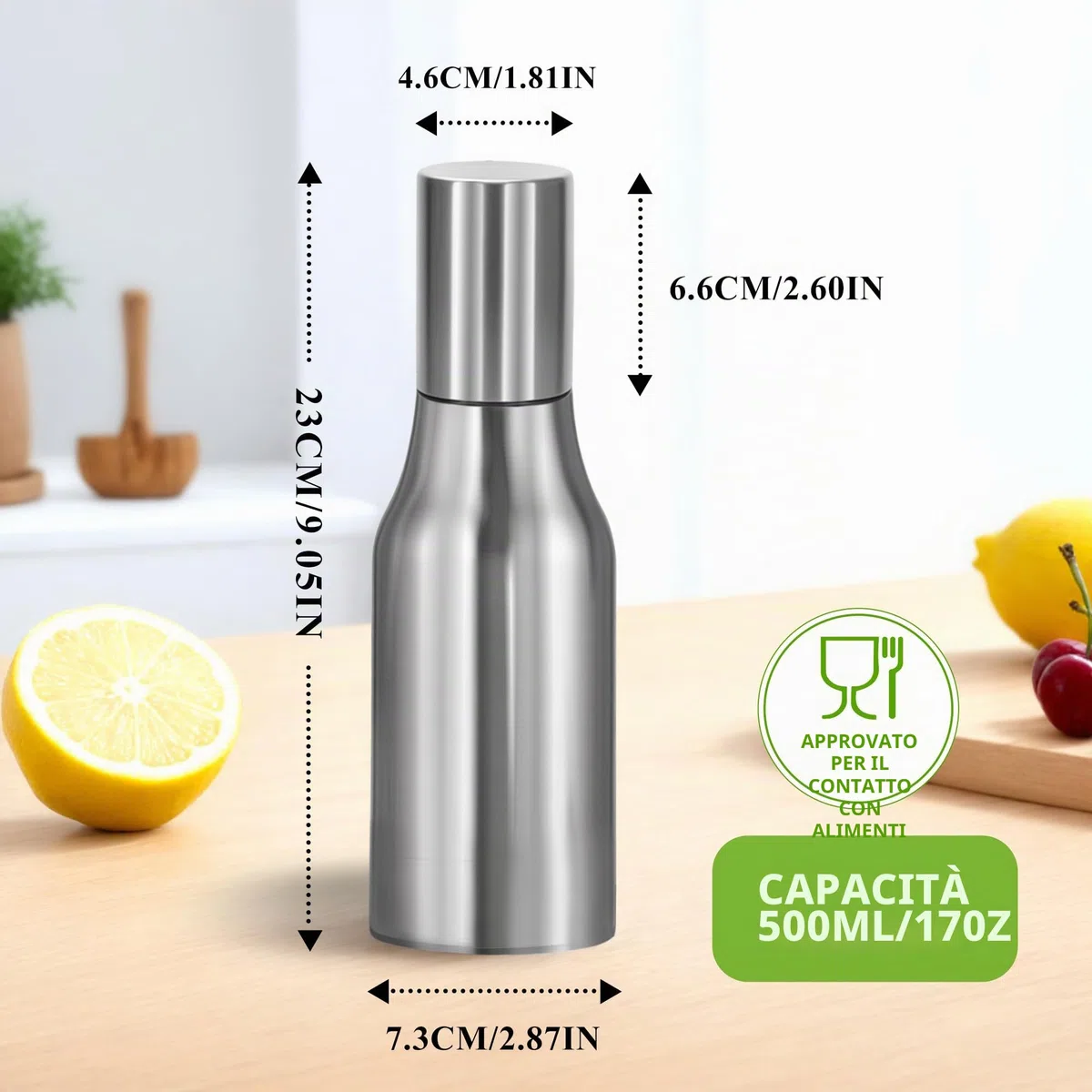 Dispenser di olio bottiglia in acciaio inox con beccuccio senza gocciolamento per cucina e barbecue, 500 ml