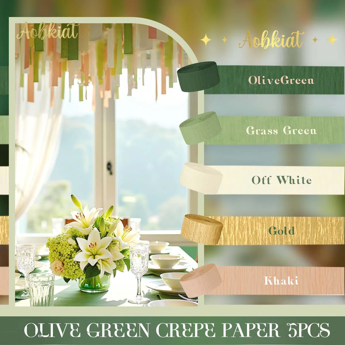 Aobkiat Decorazioni per matrimoni, feste, 5 rotoli di carta crespa verde oro, cachi, stelle filanti per feste di nozze, baby shower, addio al nubilato, compleanno, anniversario