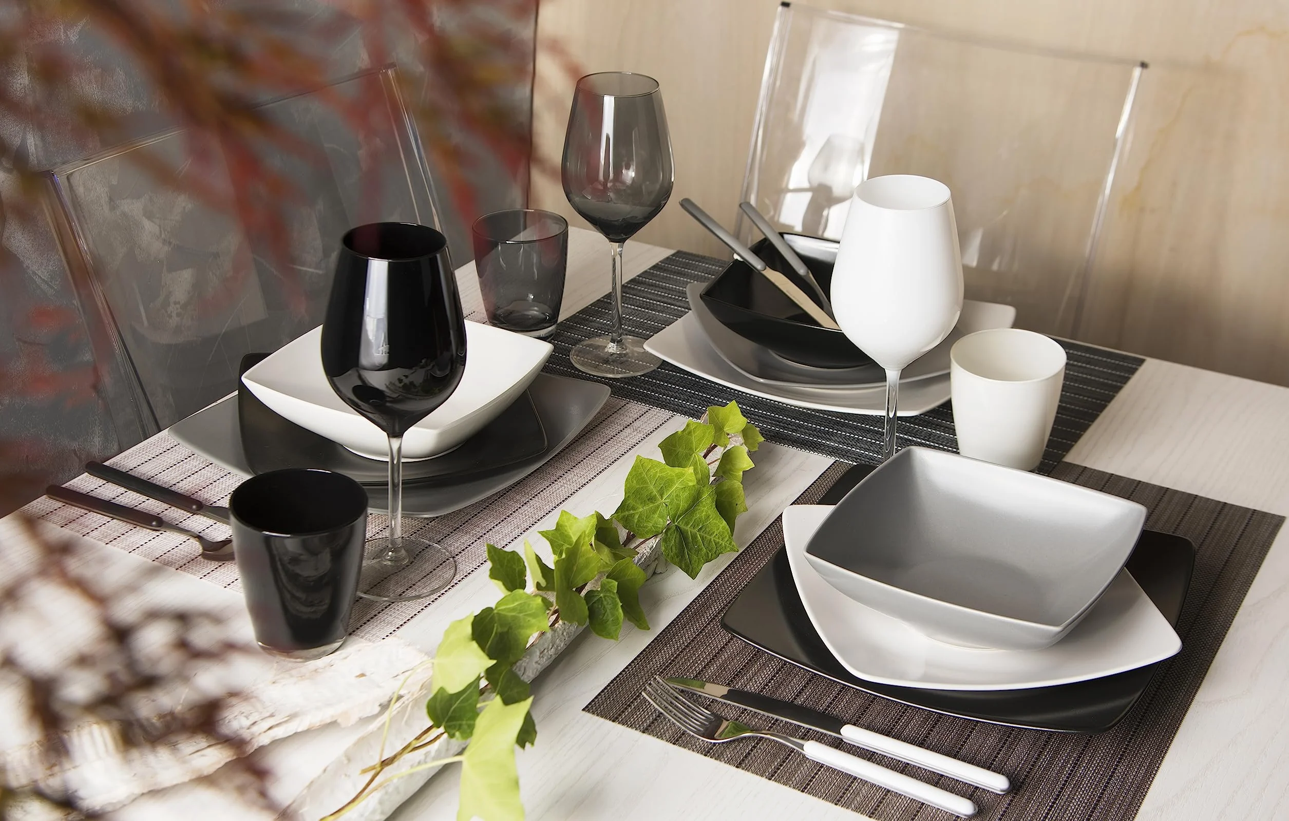 Excelsa Eclipse Servizio Piatti Quadrati 18 Pezzi, Ceramica, Bianco, Nero e Grigio