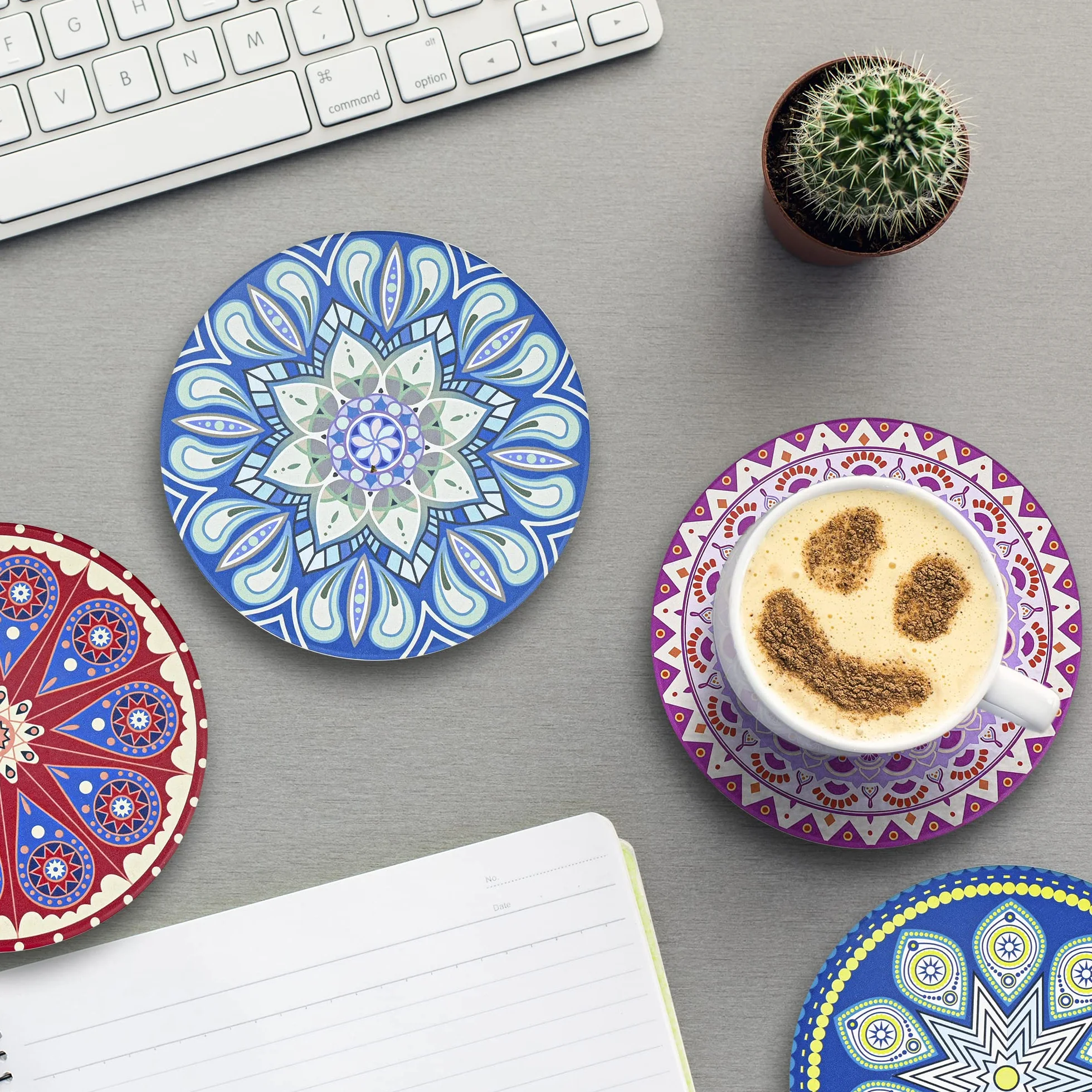 Set di 8 sottobicchieri mandala, ceramica, rotondi, supporto, assorbenti, base sughero antiscivolo, tappetino pietra ceramica, tazze, bicchieri da vino, cucina, bar, 10 cm