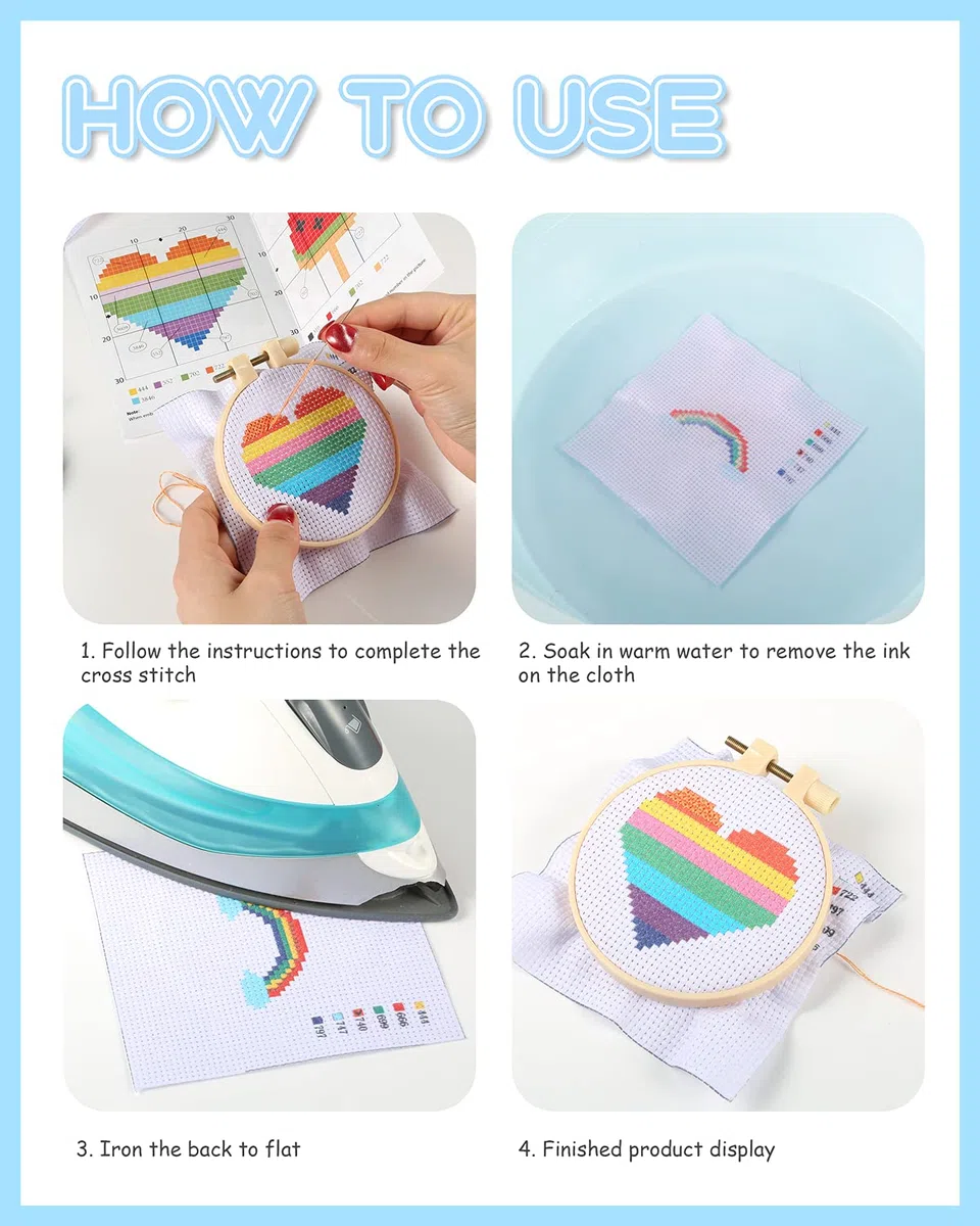 Pllieay Kit per punto croce, per principianti, 6 pezzi con motivo a punto croce e 2 cerchi, 12 matasse, kit da cucito con istruzioni (lingua italiana non garantita)