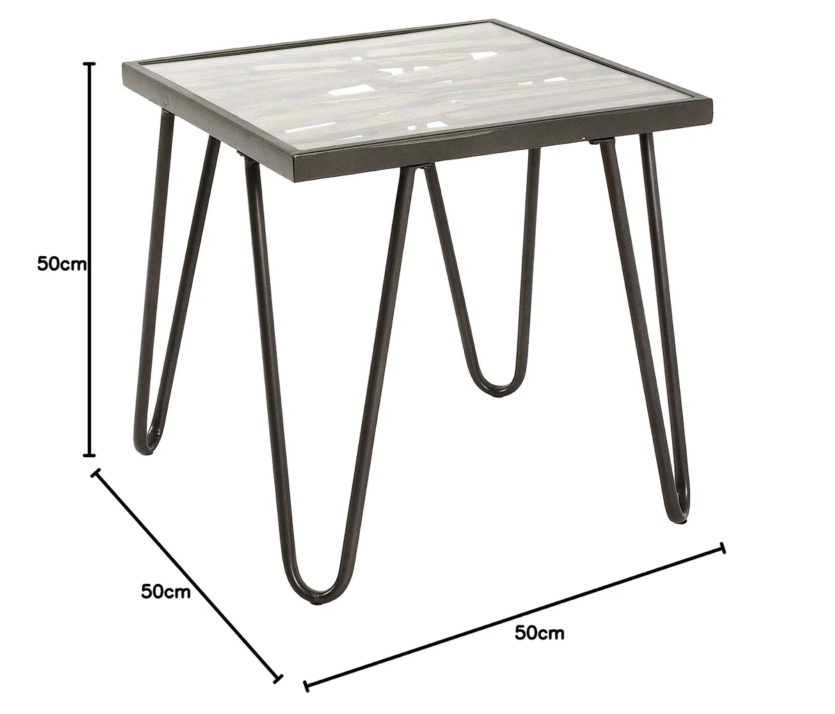 HAKU Tavolino in legno massello naturale, metallo antracite, vetro di sicurezza, tavolino da divano in legno - Dimensioni: L 50 x A 50 x P 50 cm Stile: Art Déco