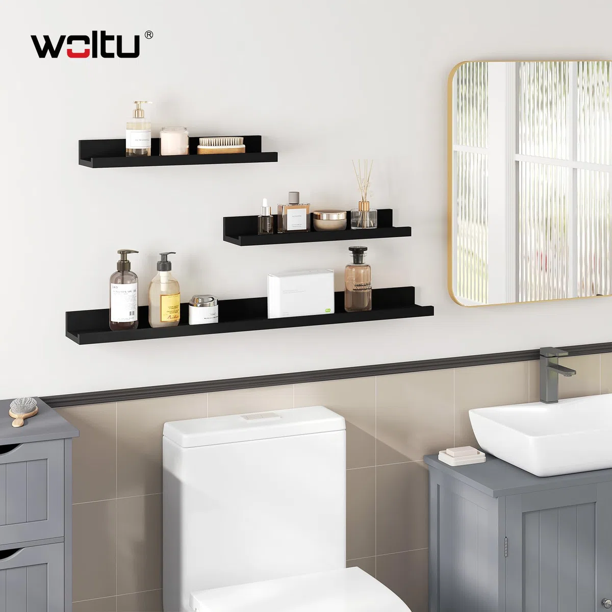 WOLTU Mensole da Muro Design Set di 3, Scaffale Galleggiante con Bordo, Decorazione Parete per Soggiorno Ufficio Camera da Letto Cucina, Nero