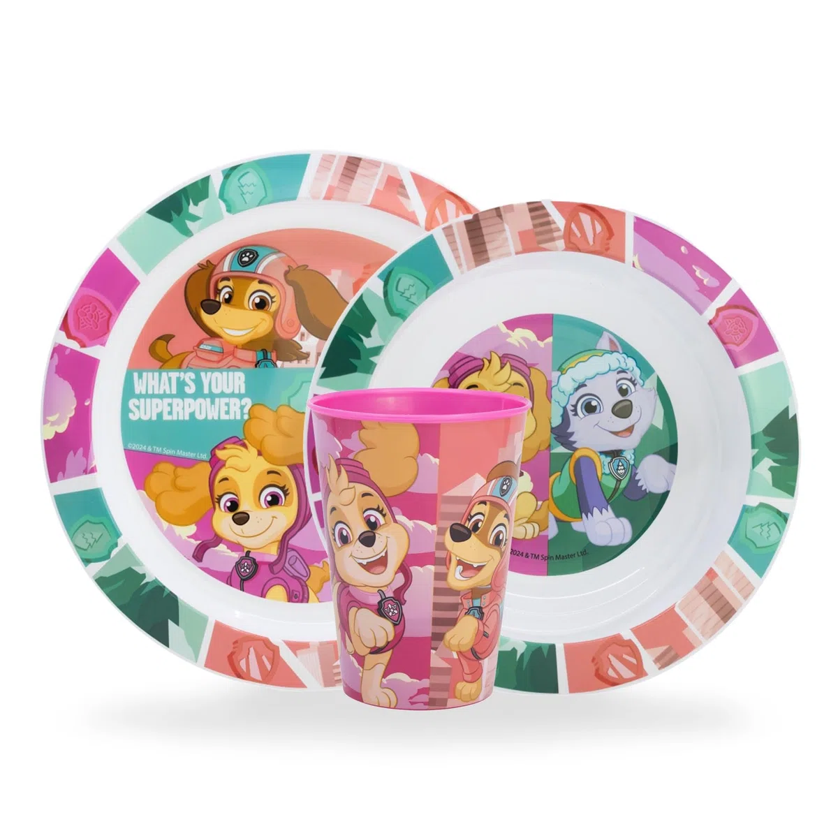 Set Stoviglie riutilizzabili Paw Patrol, Piatti Bambini per asilo scoula con piatto, ciotola, bicchiere, Set piatti in plastica dura adatta per microonde, Skye