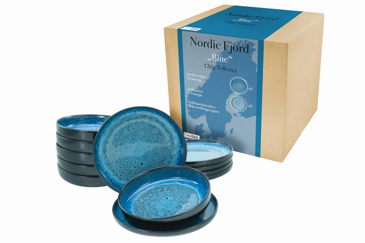 CreaTable, 21550, Serie Nordic Fjord Blue, 12-teiliges Geschirrset, Teller Set aus Steinzeug
