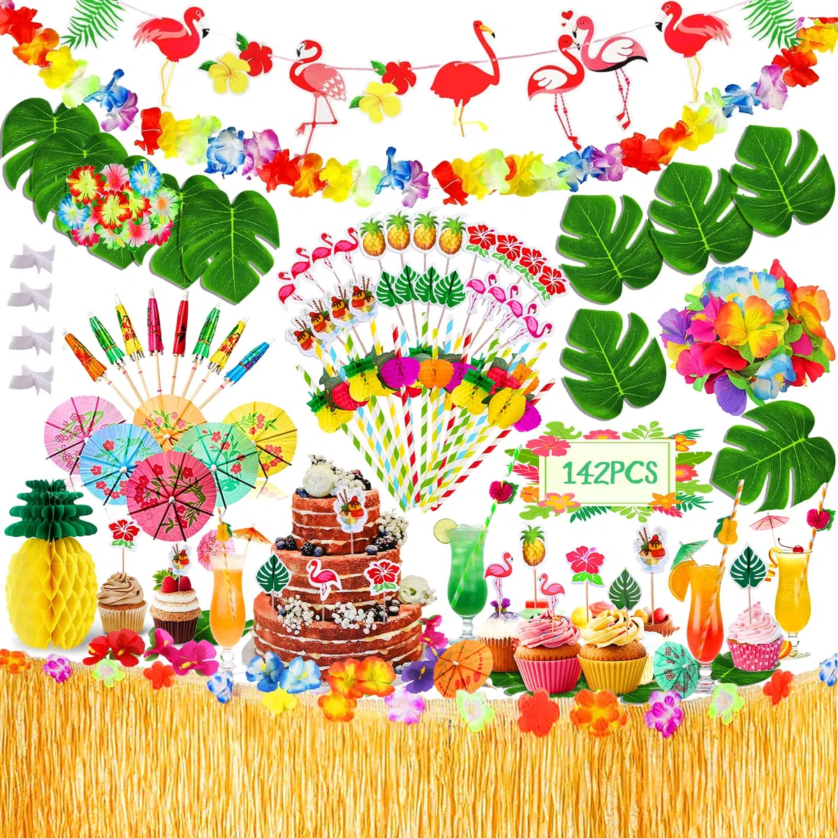 142 Pezzi Gonna Tavolo Hawaiana Gonna da Tavolo Fiori Hawaiani Foglie di Palma Cake Topper Festa Hawaiana,ghirlande Luau banner e Cannucce per Feste Hawaiana,Barbecue Decorazioni da tavola
