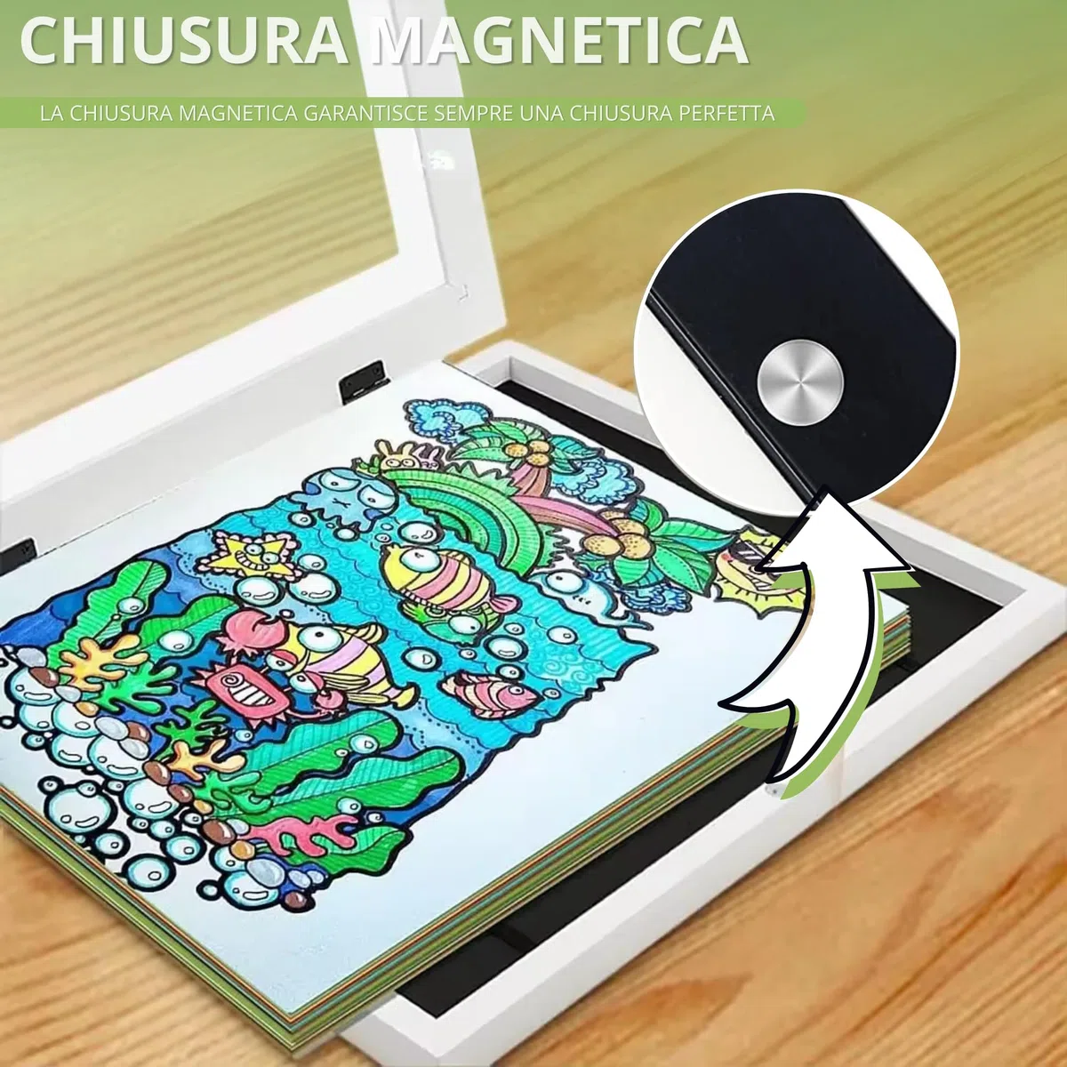 Cornice per Disegni Infantili - Cornice per Conservare Disegni - Apertura Frontale Magnetica e Chiusura Magnetica - Contiene fino a 150 Disegni - Design Bianco - Cornice A4 (21 x 29,7 cm)