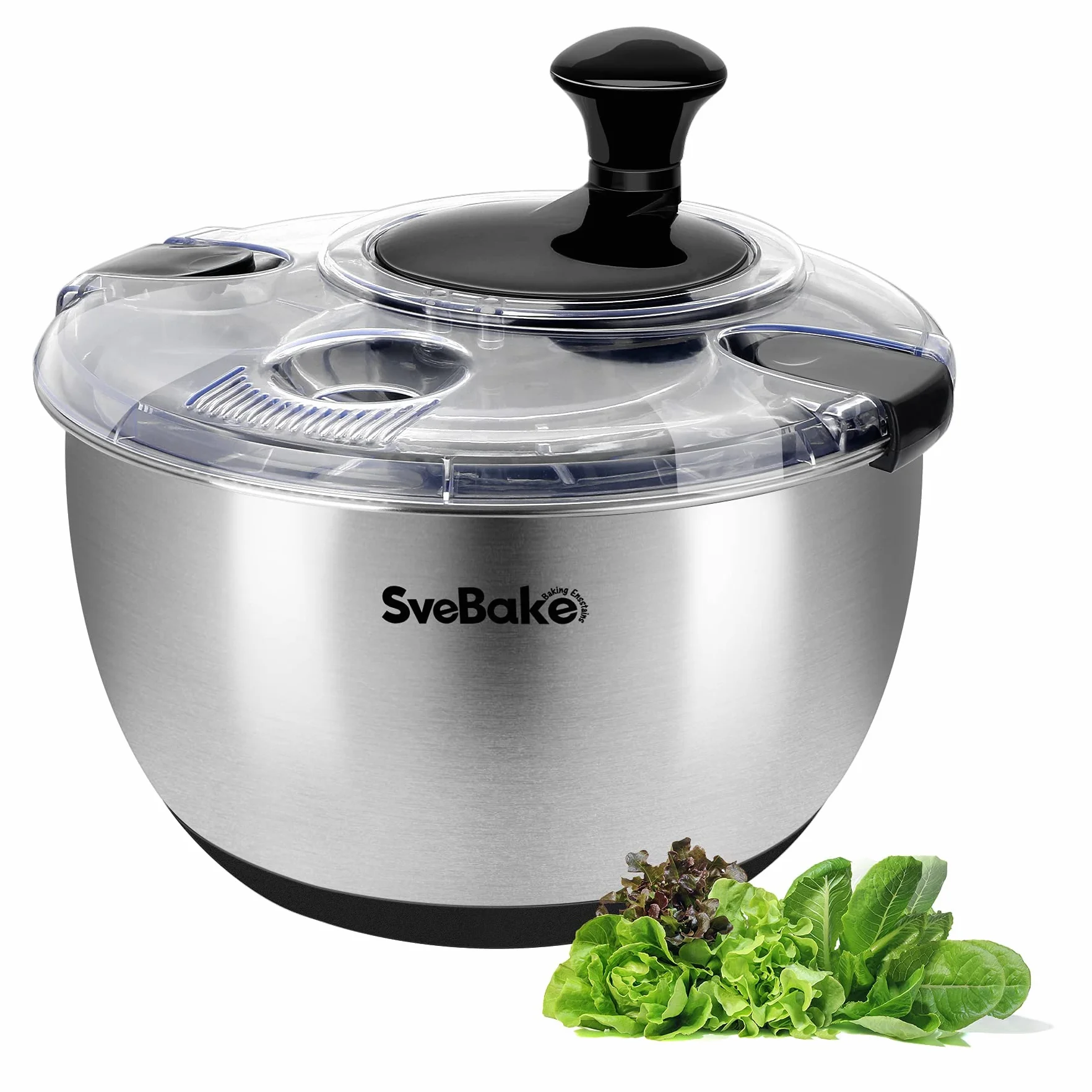 SveBake centrifuga insalata in acciaio inox 18/10 con manovella e ciotola da 4,5 litri, asciuga insalata centrifuga, lavabile in lavastoviglie