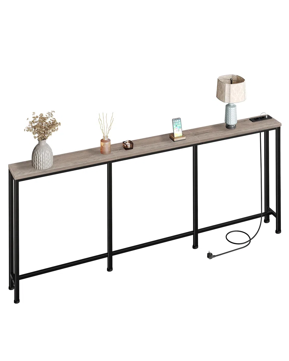 CHOEZON Tavolo Consolle, Consolle Ingresso da 200 cm con 2 Prese e 2 Porte USB, Tavolo da Divano Stretto, Stile Industriale, per Ingresso, Soggiorno, in Grigio e Nero DTXG20CBG